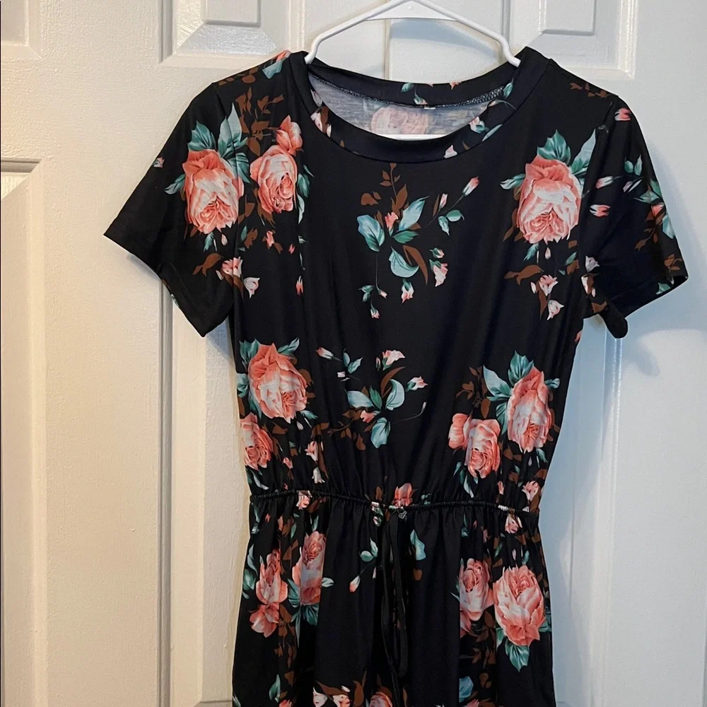 Black Floral Short Sleeve Dress Tie Waist Casual Size S - Picture 3 of 6